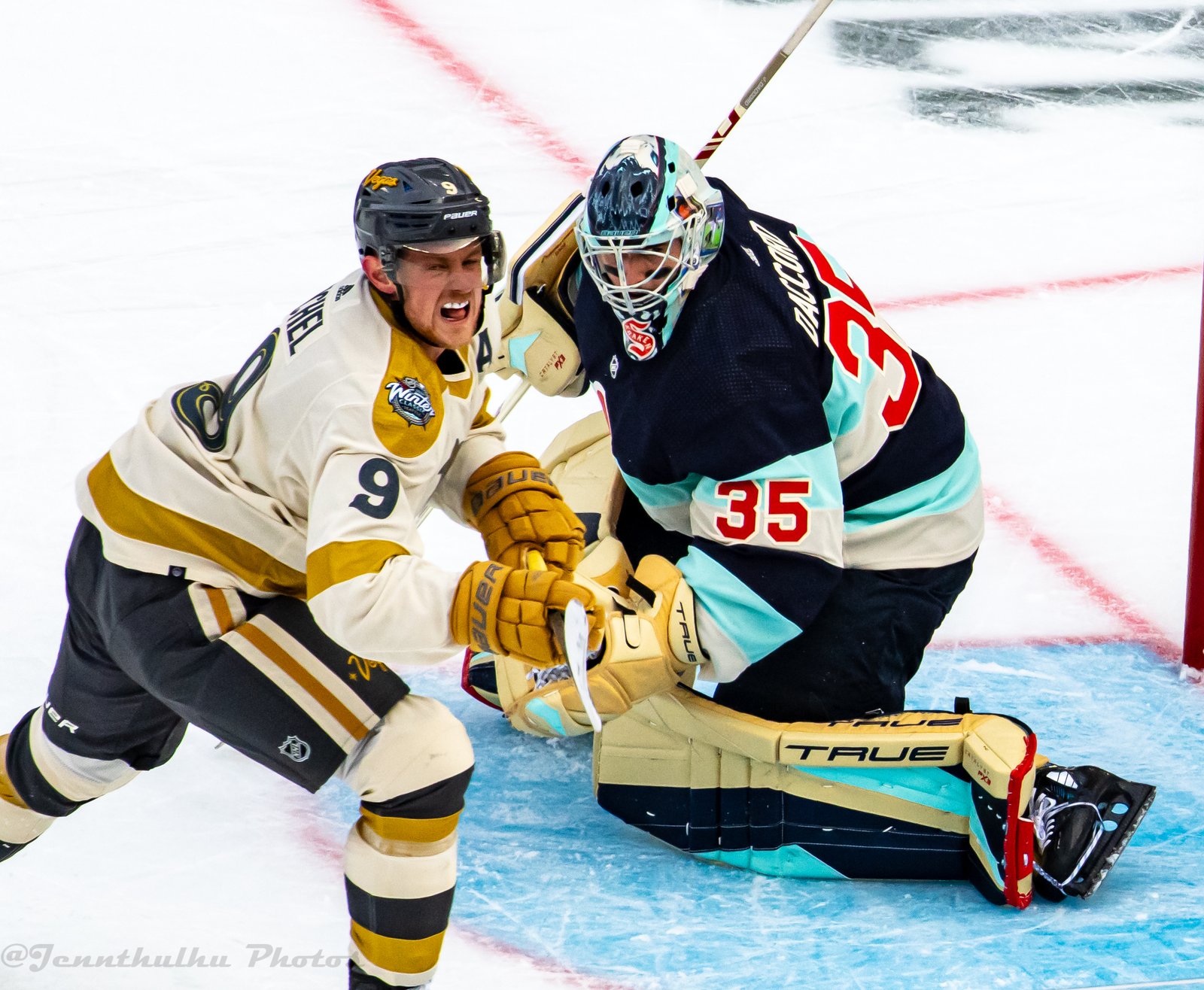 Jack Eichel battling in front of the net