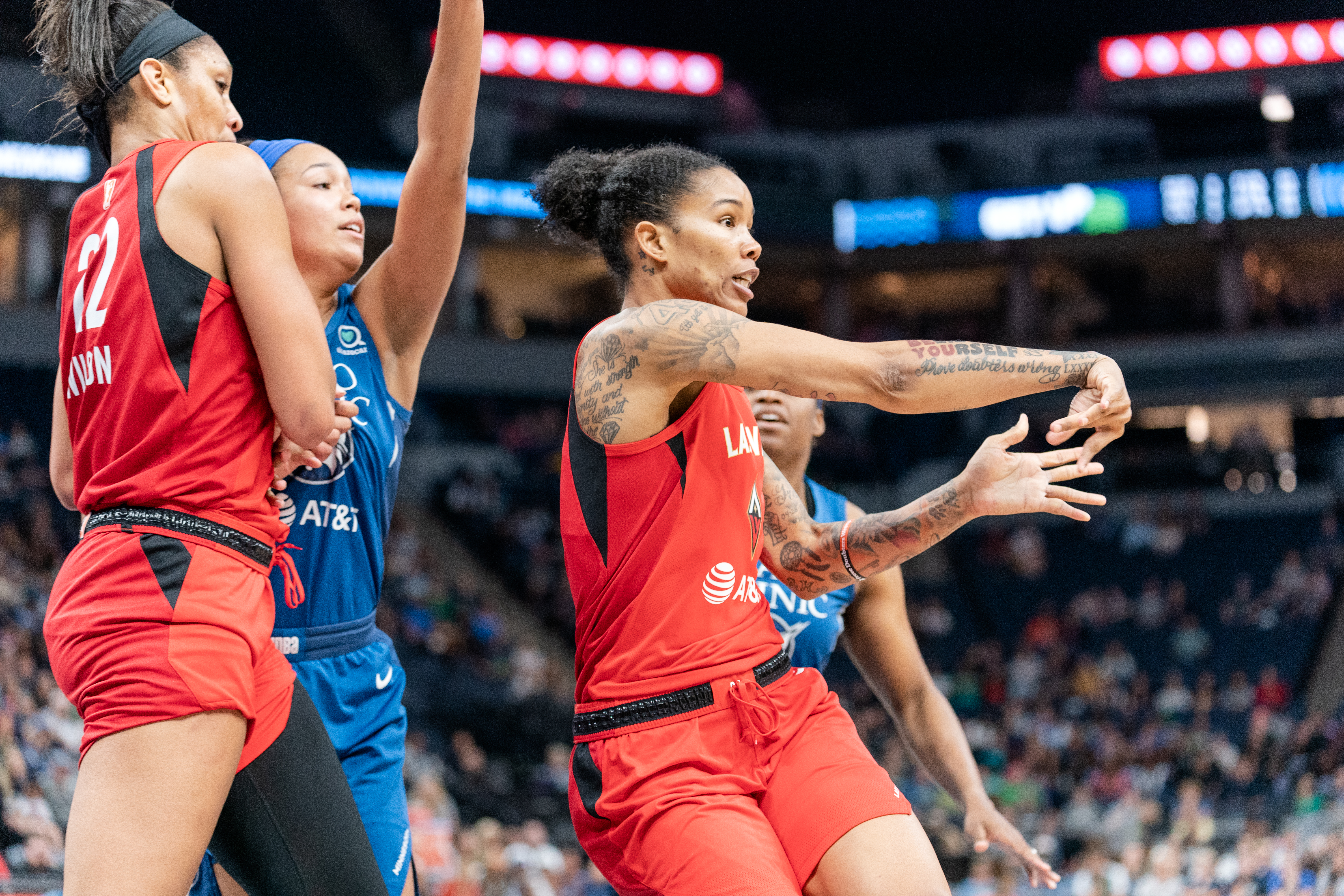 Las Vegas Aces star A’ja Wilson battles for position during WNBA action