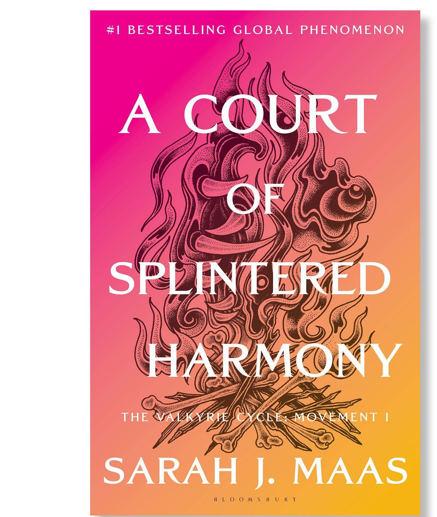 The cover of A Court of Splintered Harmony by Sarah J. Maas — a pink-to-yellow gradient with a flame illustration.