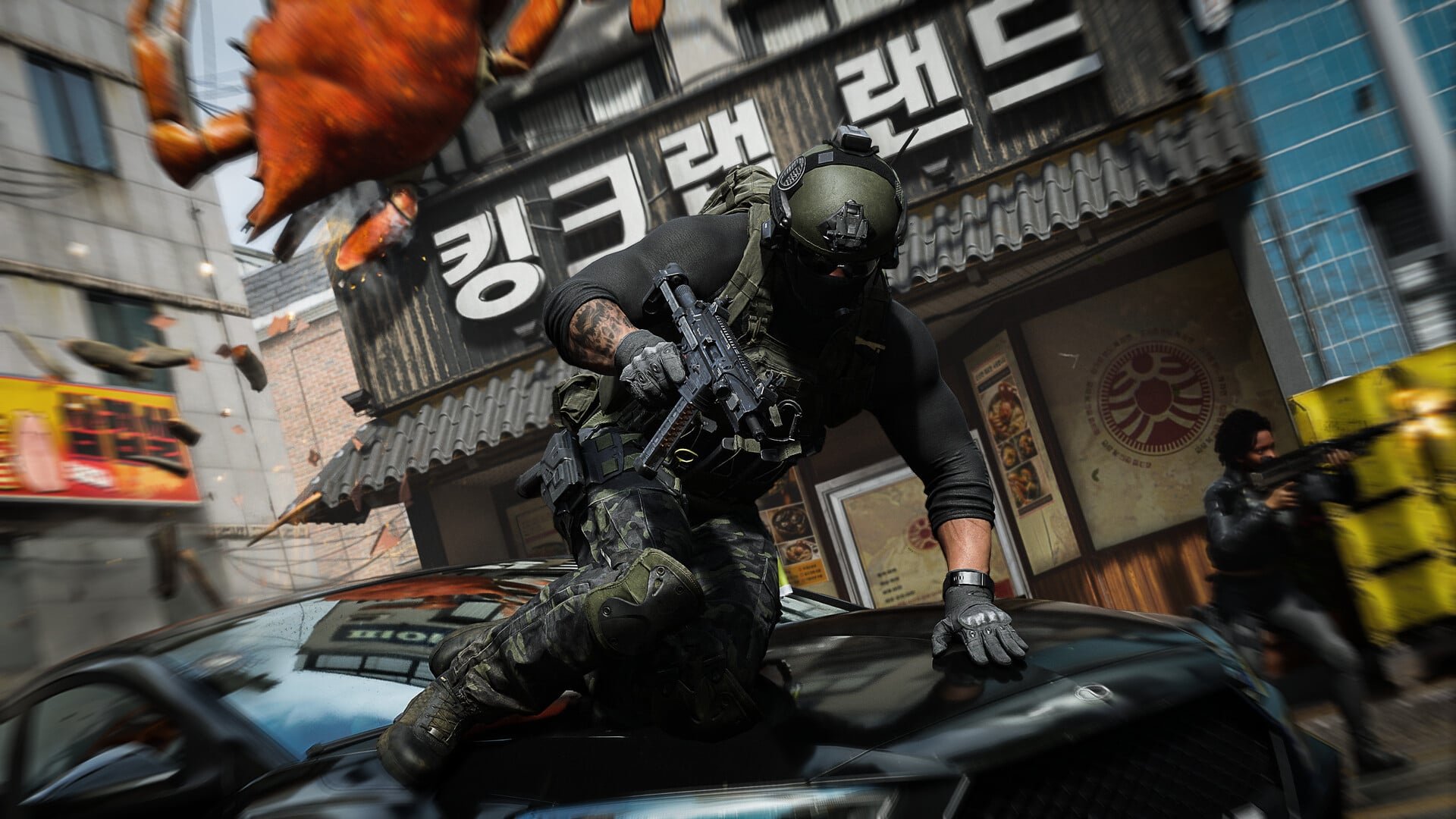 Official Modern Warfare 4 art: a special-forces soldier slides across a car hood on a Seoul street beneath Korean signage
