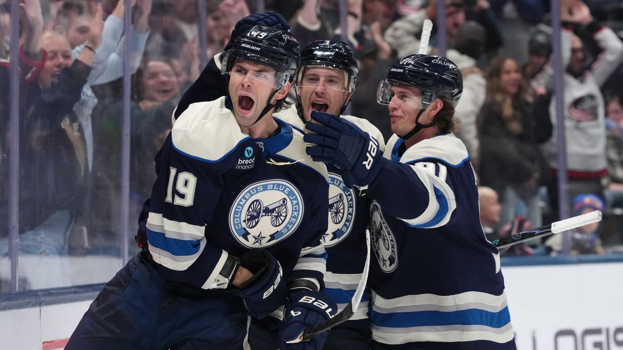 Adam Fantilli of the Columbus Blue Jackets celebrates his power-play overtime winner against the Vegas Golden Knights at Nationwide Arena in Columbus on October 24, 2026