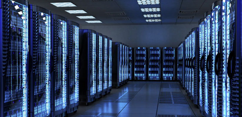 Rows of server racks inside an AI data center, glowing blue