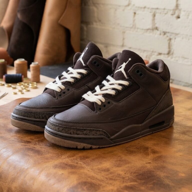 The Air Jordan 3 'Fireside' in velvet brown with pearl white laces