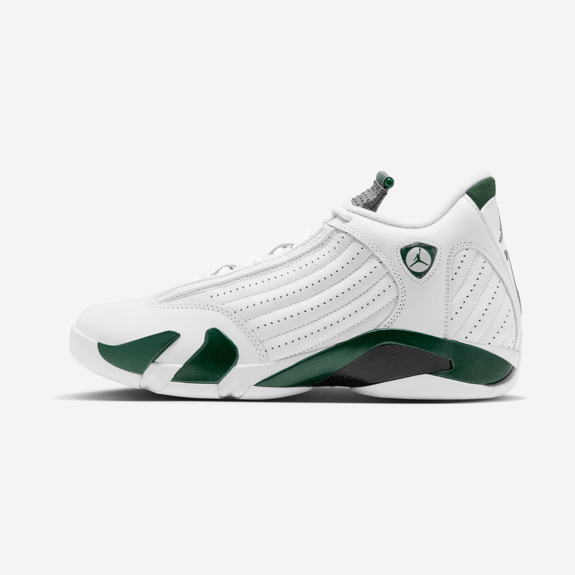 Lateral profile of the “Forest Green” 14 — the green midsole teeth sweeping the length of the shoe, the black carbon shank underfoot, the shield badge at the ankle