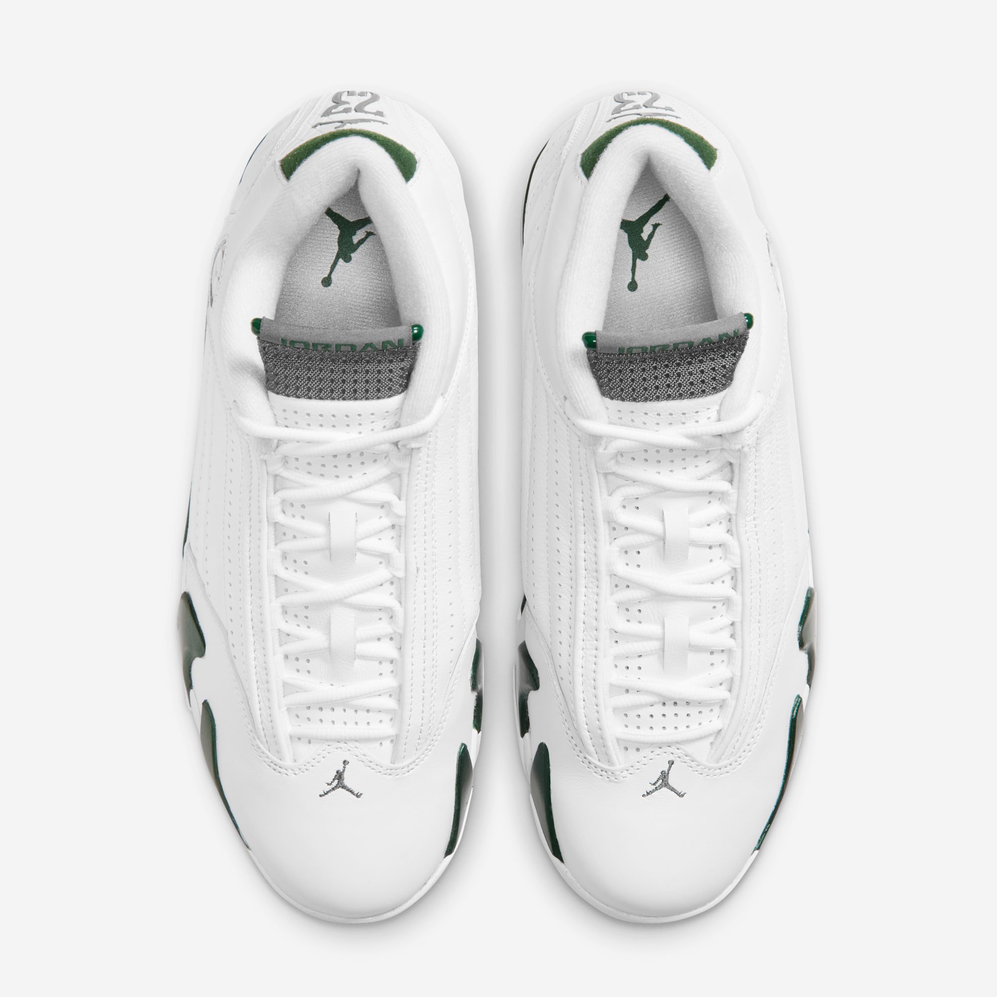The pair from above — green Jumpman insoles, graphite JORDAN tongues, the 23 at each heel, green midsole teeth at the toes
