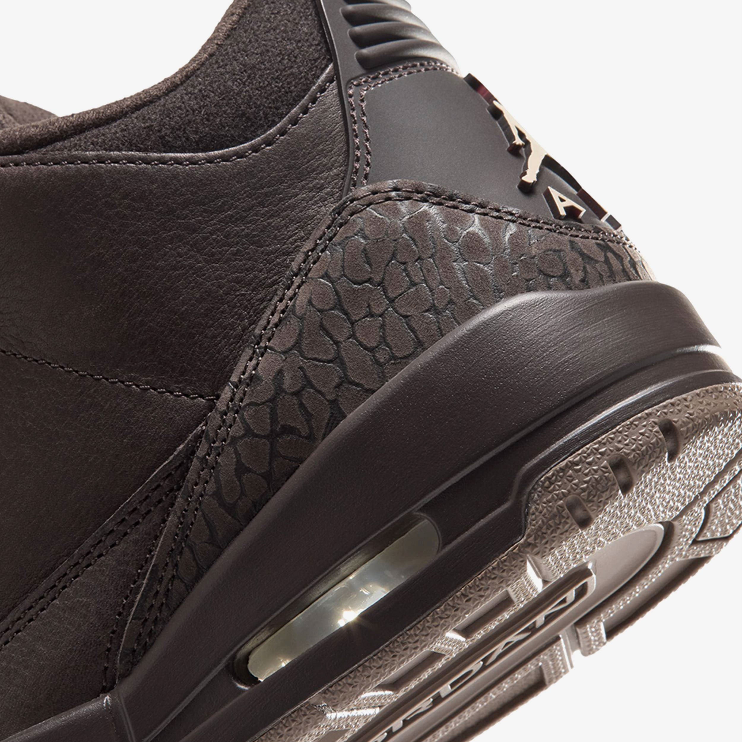 Close-up of the Air Jordan 3 'Fireside' heel showing the tonal brown elephant print and the visible Air unit