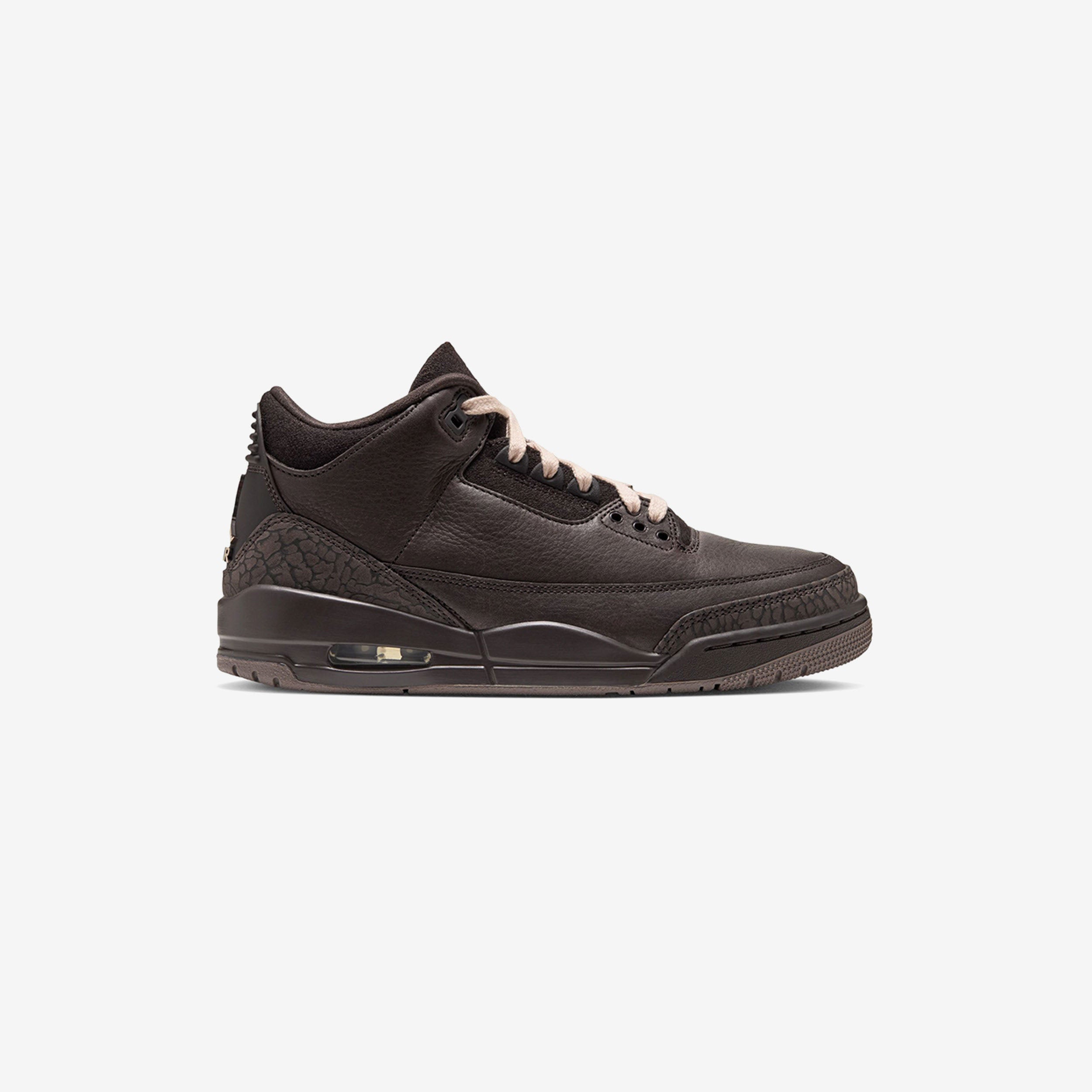 Air Jordan 3 'Fireside' in Velvet Brown — tumbled leather upper, tonal brown elephant print at the toe and heel, Pearl White laces, gum outsole