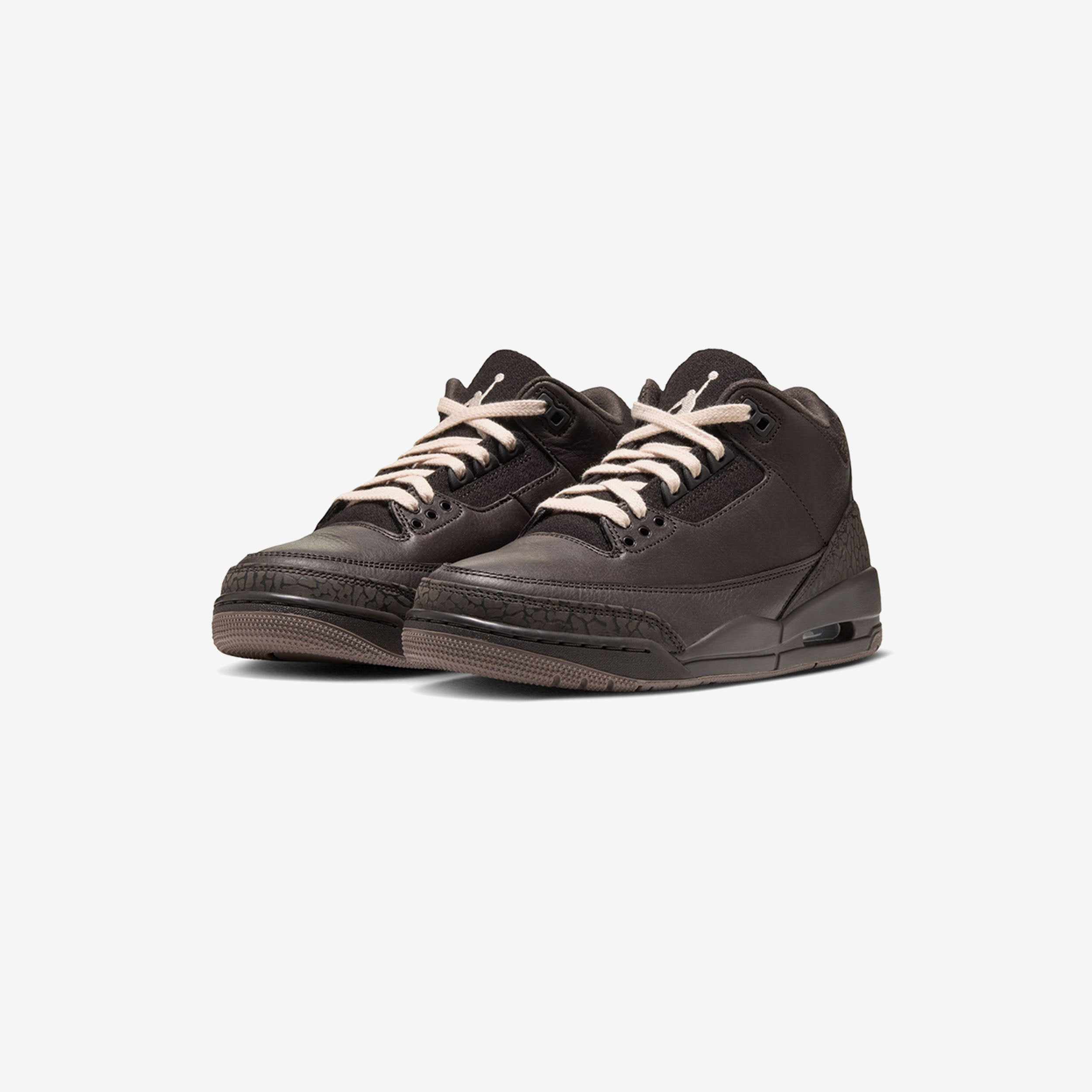 The Air Jordan 3 'Fireside' pair, front three-quarter view, showing the suede tongues and Pearl White Jumpman embroidery