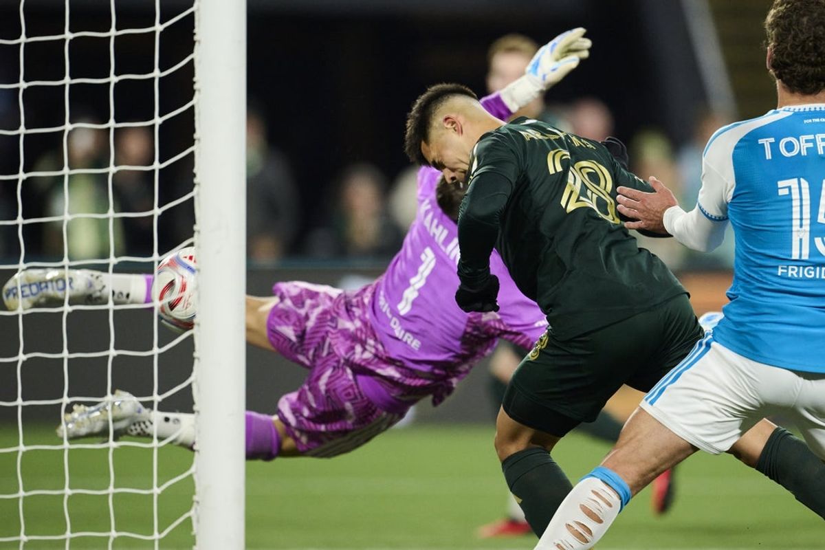 Portland Timbers forward Alexander Aravena heads the ball past Charlotte FC goalkeeper Kristijan Kahlina to score the game-winning goal in stoppage time at Providence Park in Portland on October 24, 2026