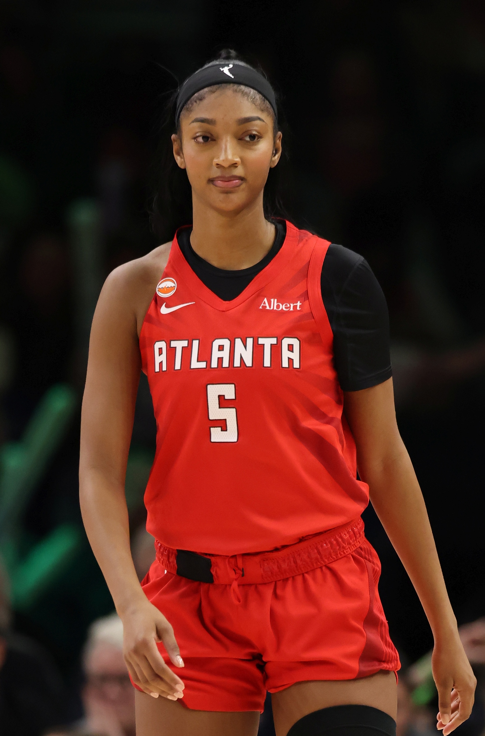 Angel Reese in Atlanta's red uniform at Target Center on May 9, 2026
