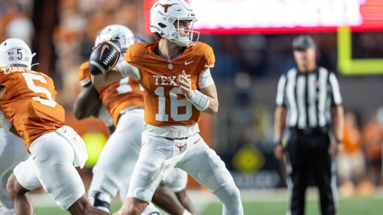 Texas quarterback Arch Manning (16), in the burnt-orange home uniform, throws in the first half against Ole Miss at Darrell K Royal–Texas Memorial Stadium in Austin on October 24, 2026