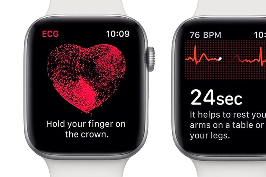 An Apple Watch displaying a heart-rate reading on its screen