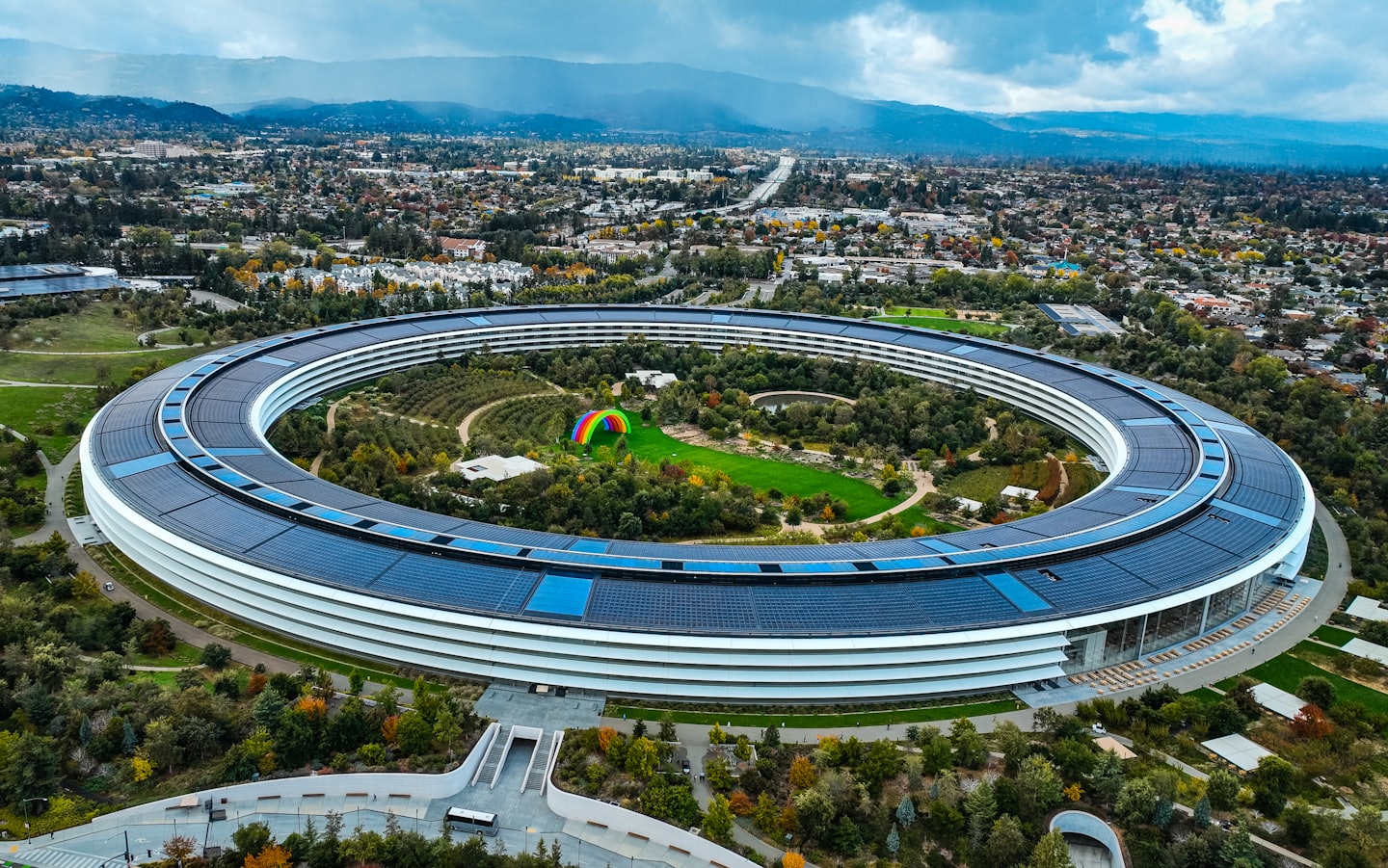 Apple Park in Cupertino, the circular campus photographed from the air