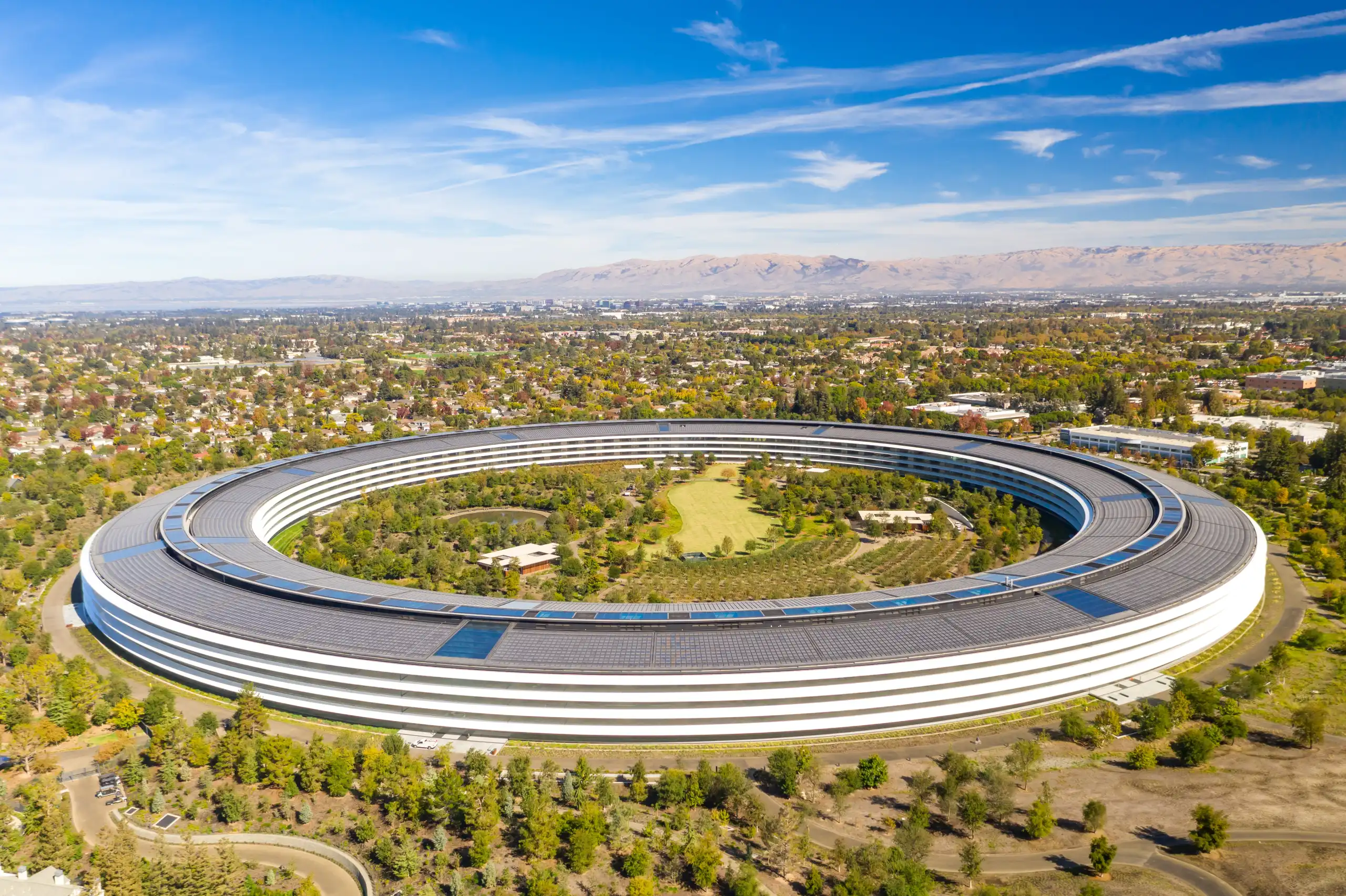 Apple Park campus in Cupertino, aerial view