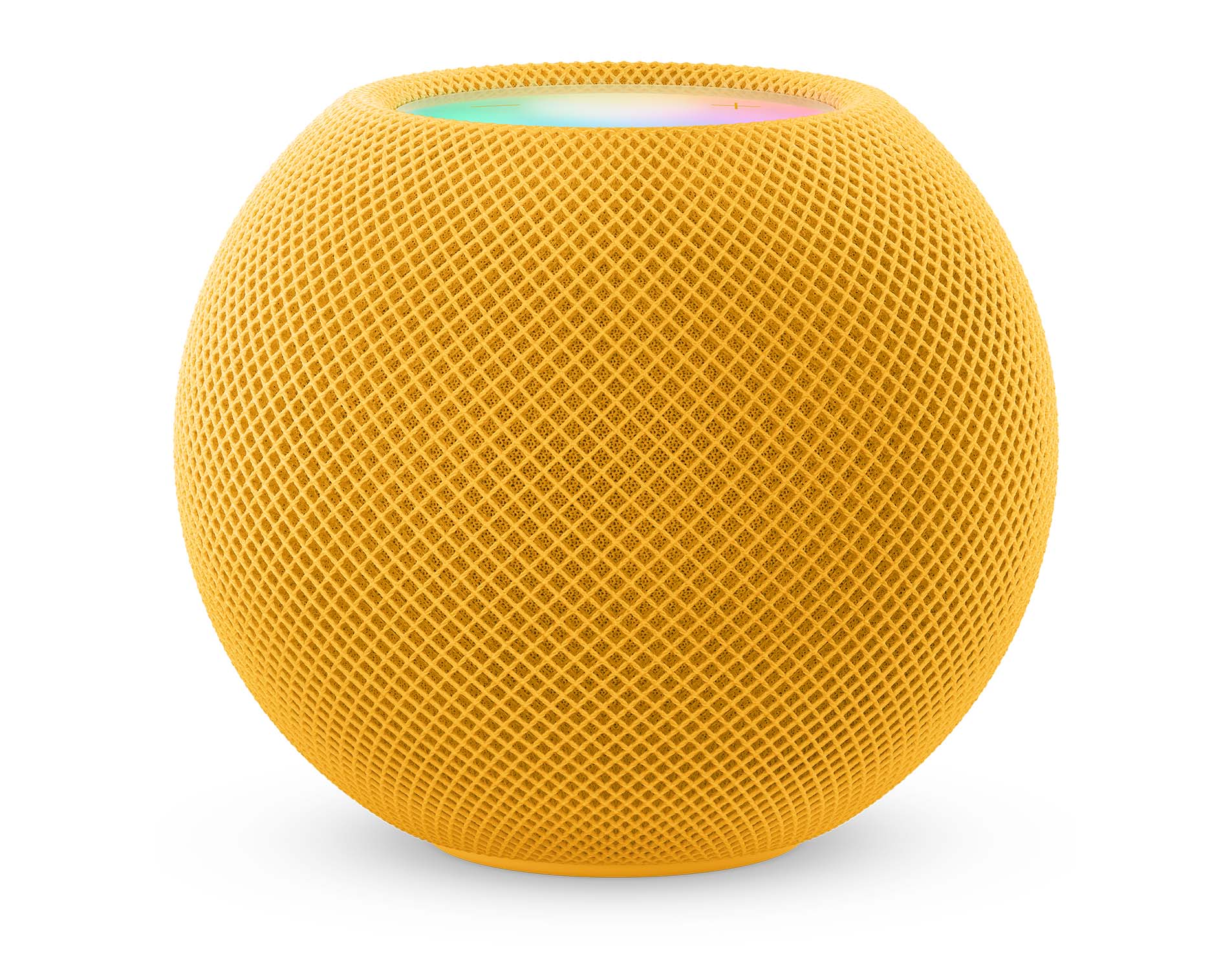 A bright yellow HomePod mini on a clean background