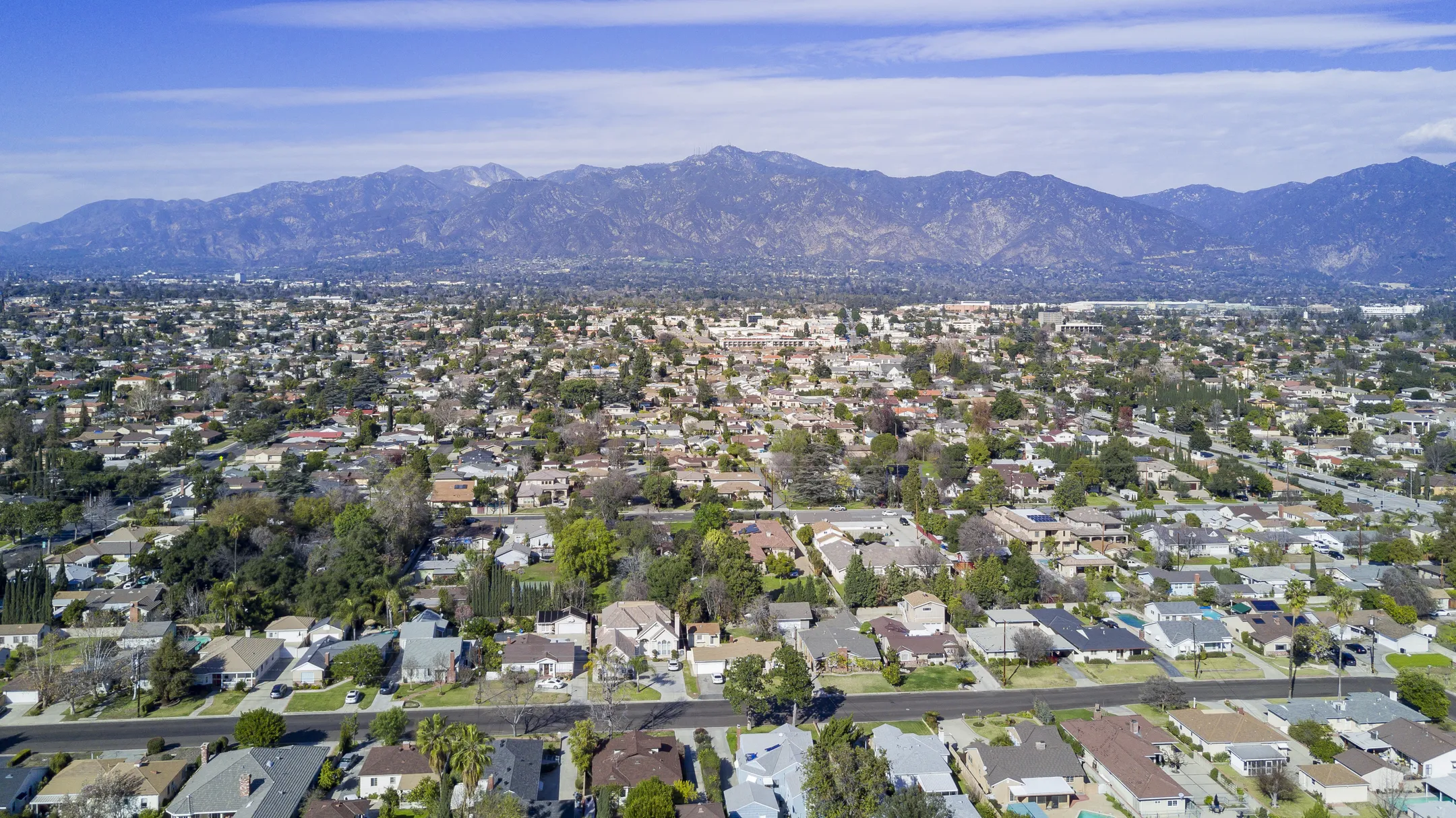 Aerial view of Arcadia, California, with the San Gabriel Mountains in the distance