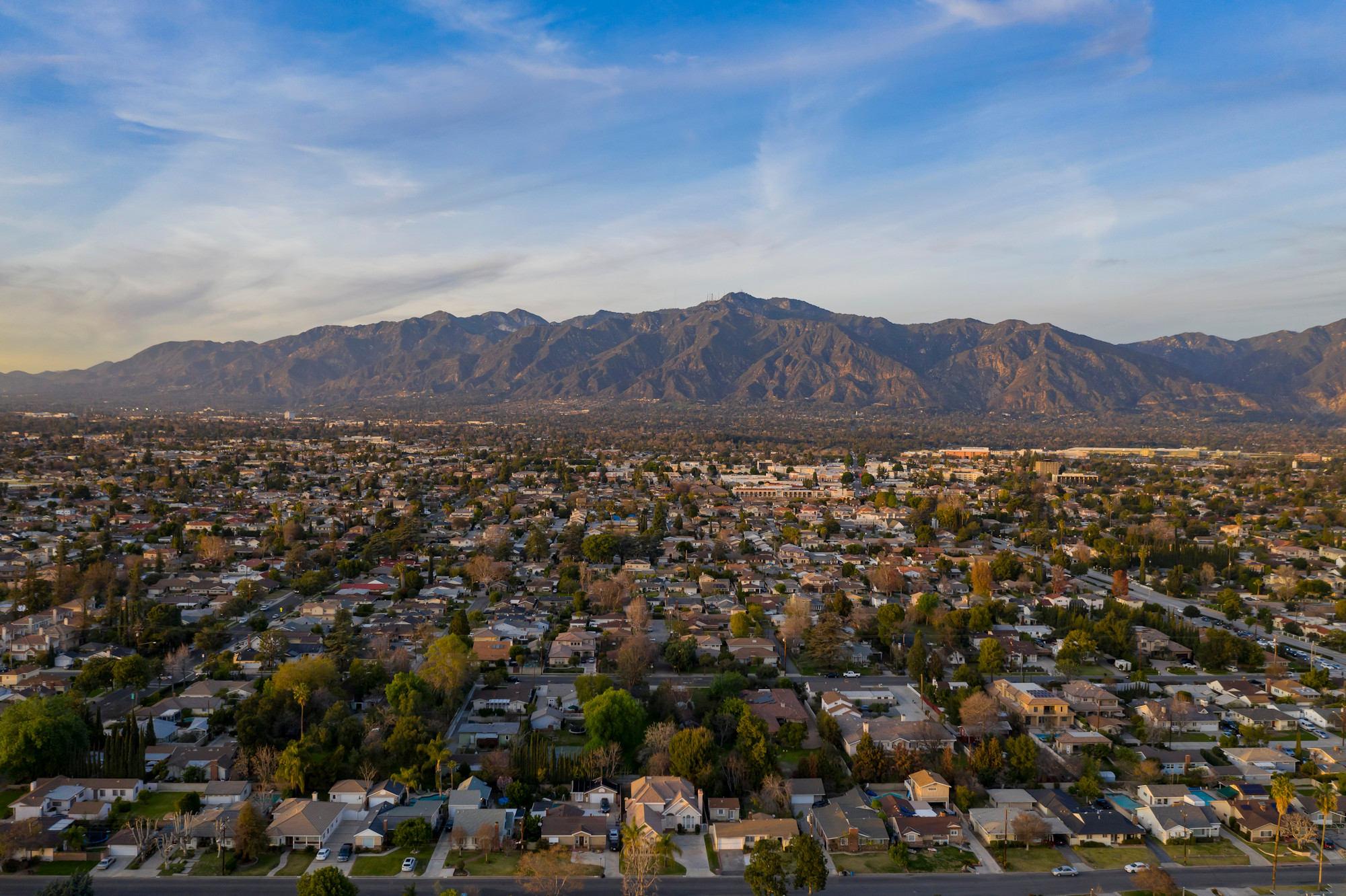 Aerial view of the San Gabriel Mountains and the Arcadia area at sunset