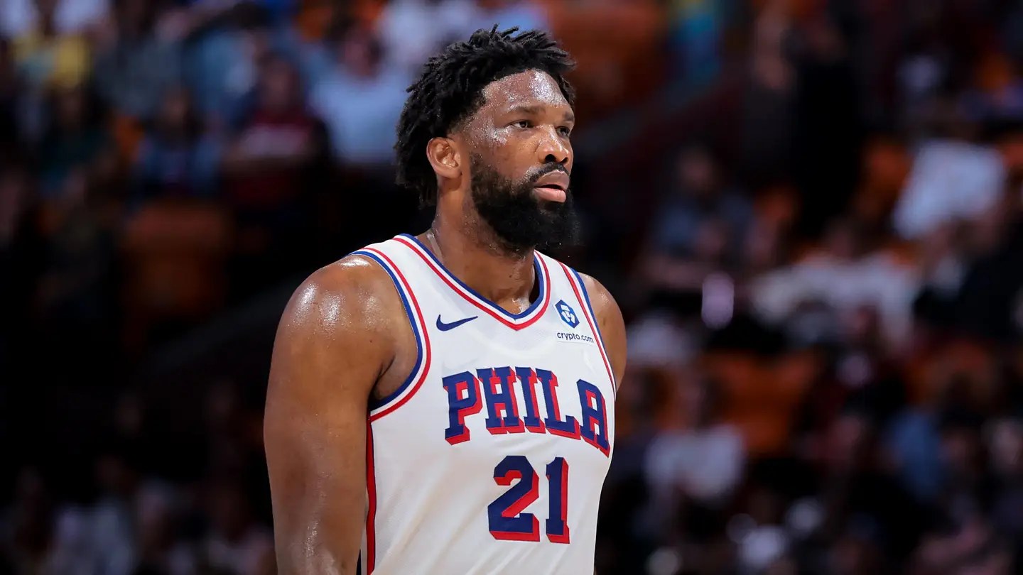 Joel Embiid in a 76ers uniform during a game