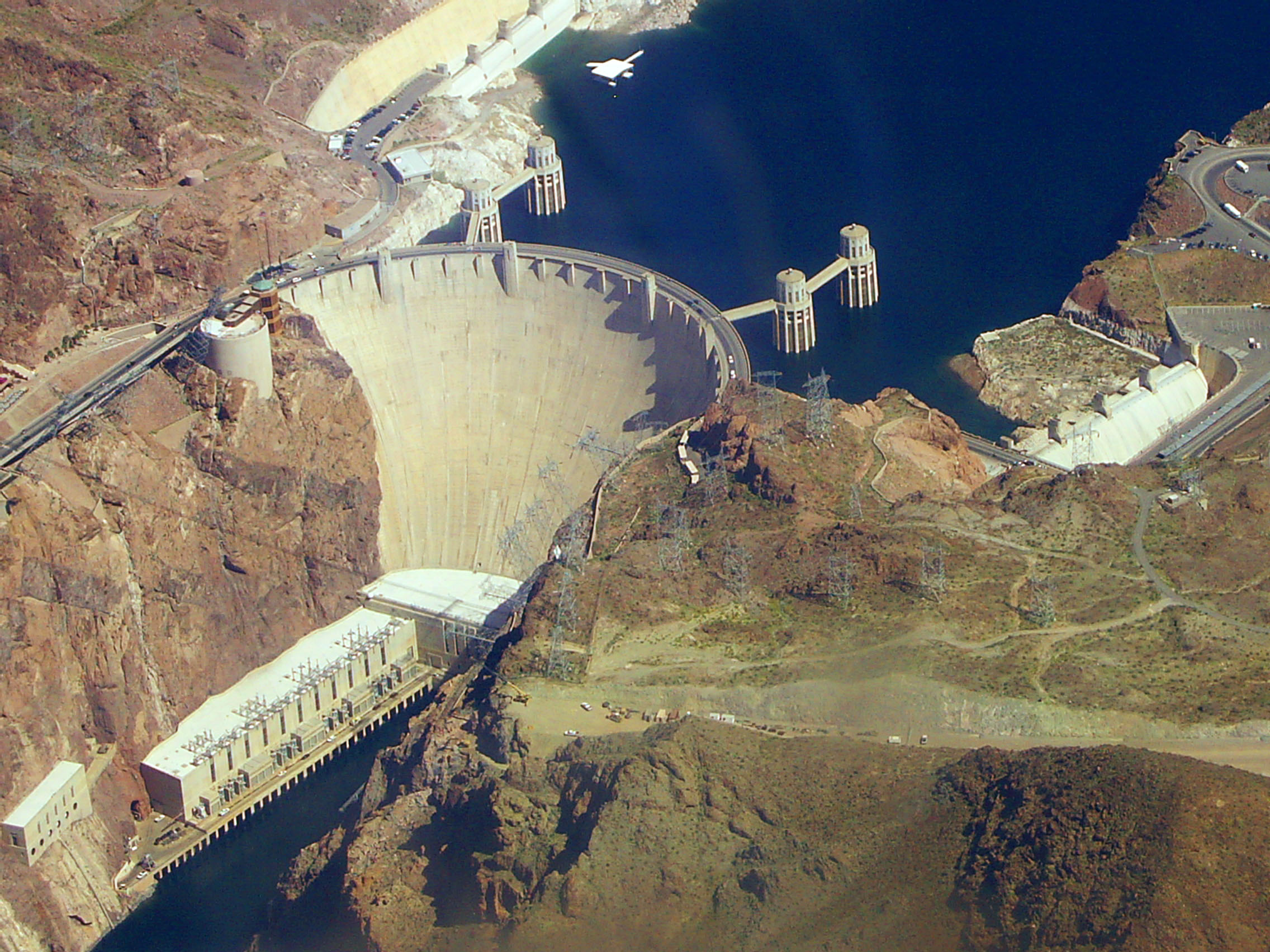 Hoover Dam and Lake Mead on the Colorado River seen from the air