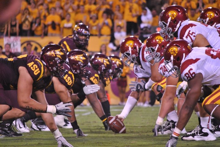 Arizona State's offensive line at the line of scrimmage
