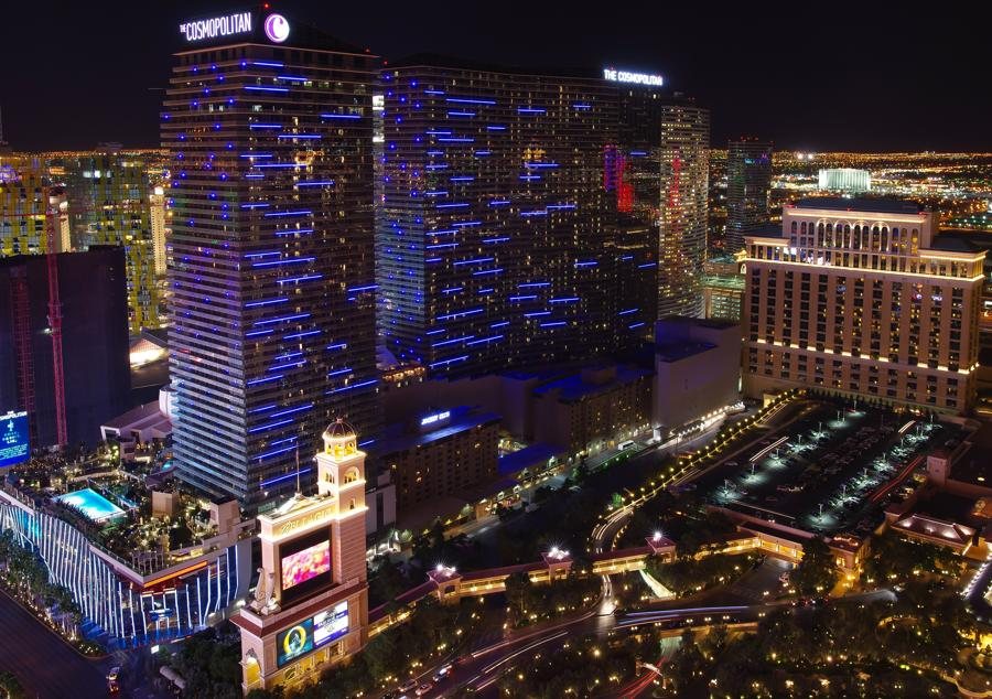 The Cosmopolitan hotel towers lit up at night in Las Vegas