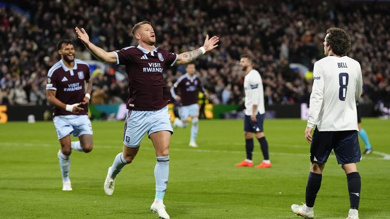Ross Barkley celebrates scoring Aston Villa's opening goal against Viking FK in the Champions League at Villa Park