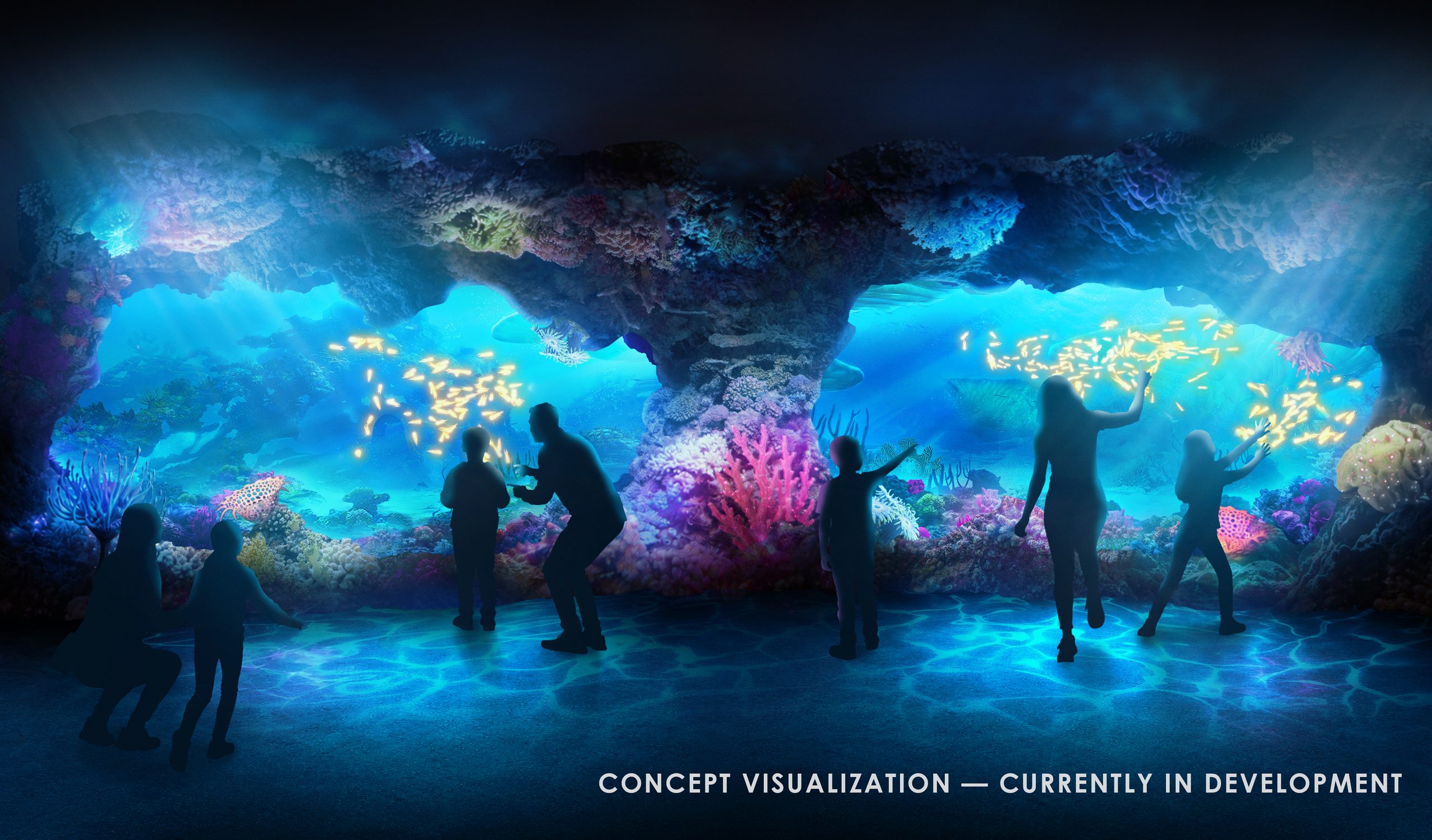 Concept rendering of AVATAR: Guardians of Eywa, showing Na'vi-inspired performers in a lush Pandoran rainforest