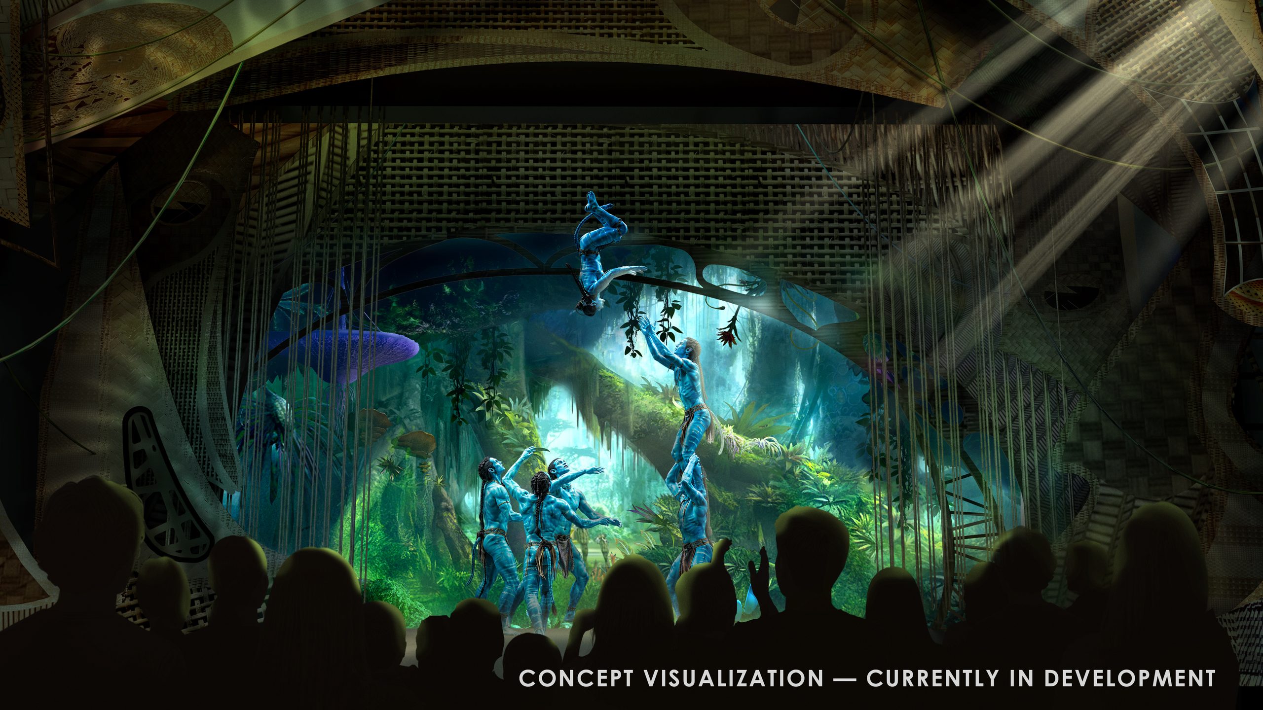 Concept rendering of the AVATAR: Guardians of Eywa acrobatic finale, with a performer inside a glowing circular apparatus