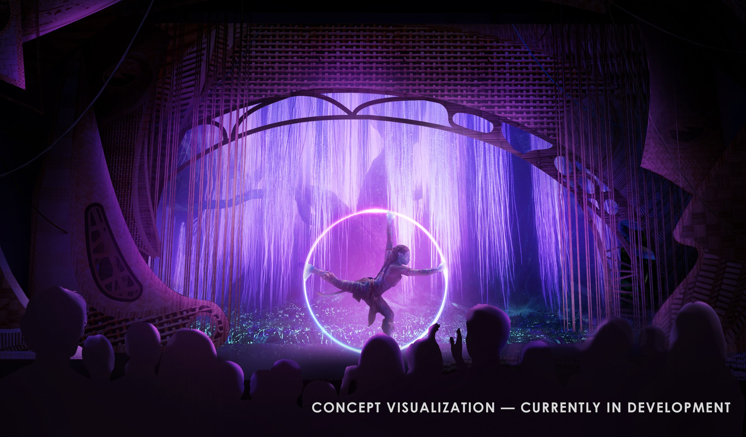 Concept rendering of performers in the AVATAR: Guardians of Eywa rainforest environment