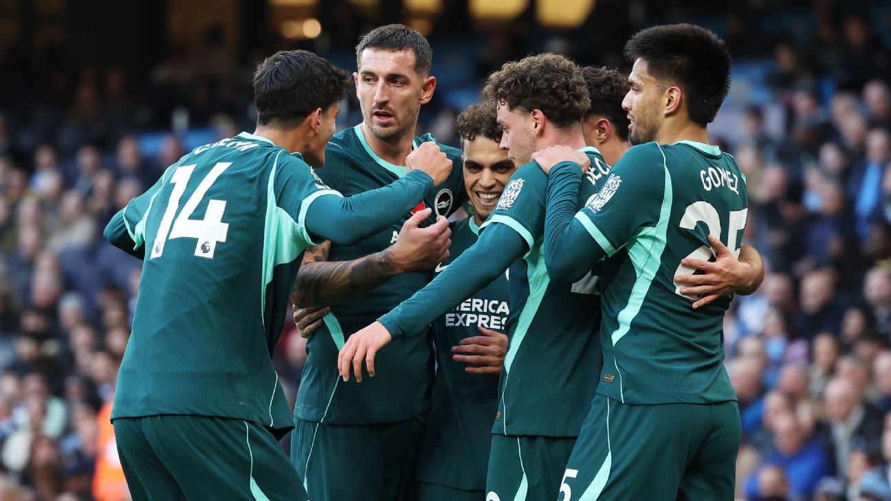 Brighton players mob goalscorer Yasin Ayari after his 11th-minute goal at the Etihad, Lewis Dunk at the centre of the huddle