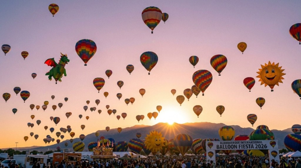 Balloons lift off at sunrise over the Albuquerque International Balloon Fiesta 2026 sign