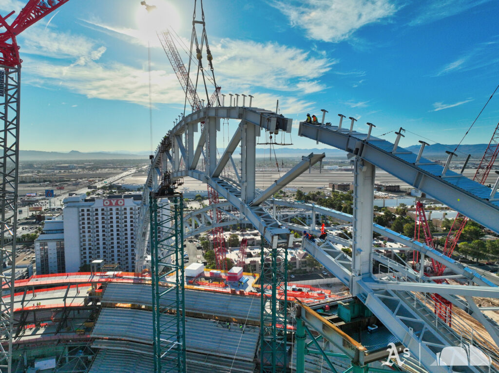 Steel truss arches over the Athletics’ Las Vegas ballpark construction site