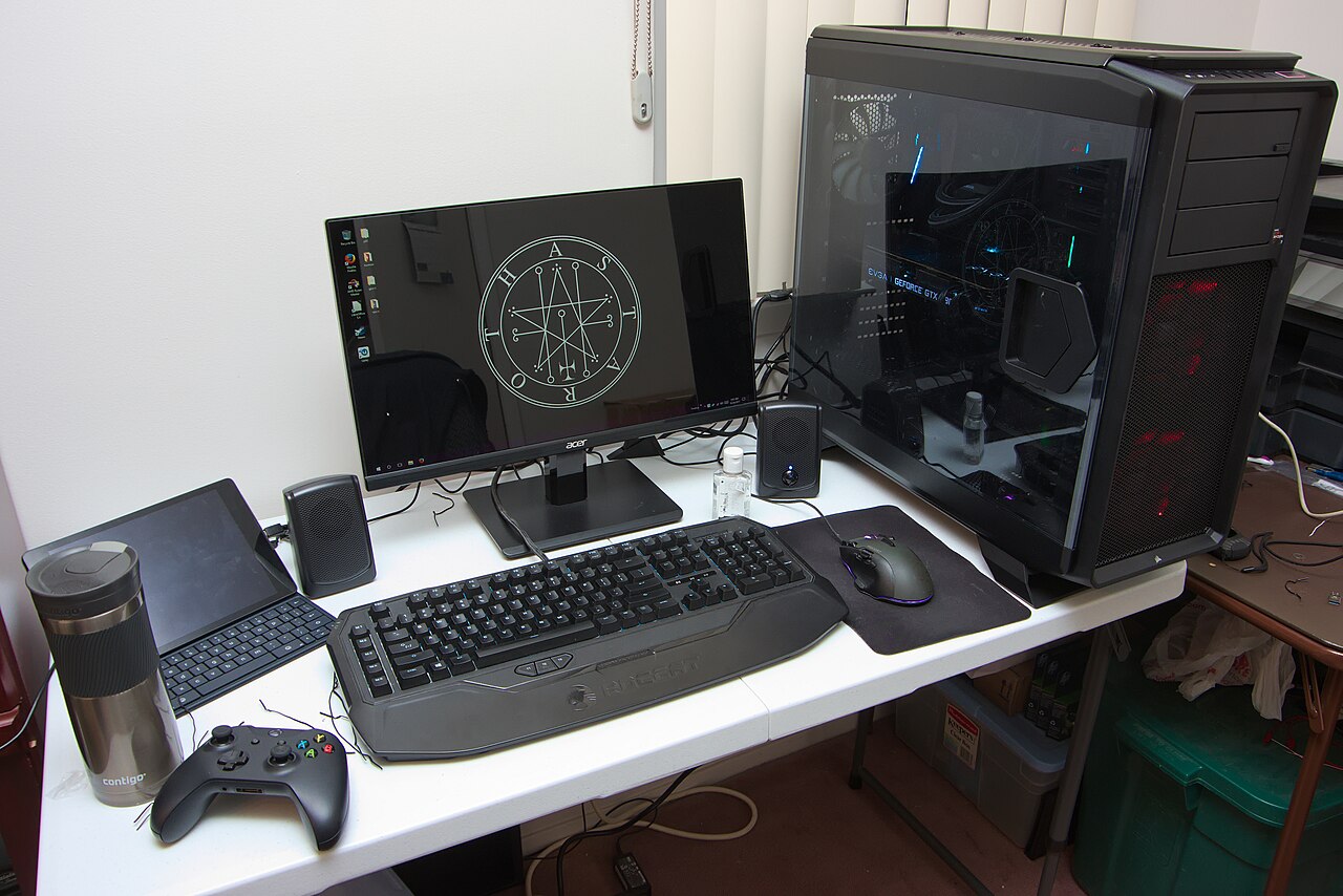 A bright, well-lit gaming PC setup in a modern room