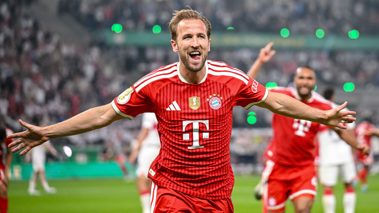 Harry Kane celebrates a goal for Bayern Munich