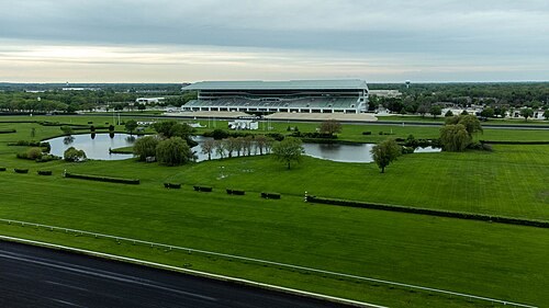 The former Arlington International Racecourse grandstand in Arlington Heights, Illinois