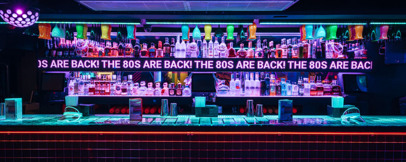A moody cocktail bar interior