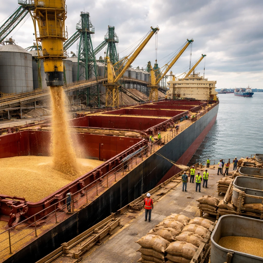 Grain being loaded into a bulk carrier at port