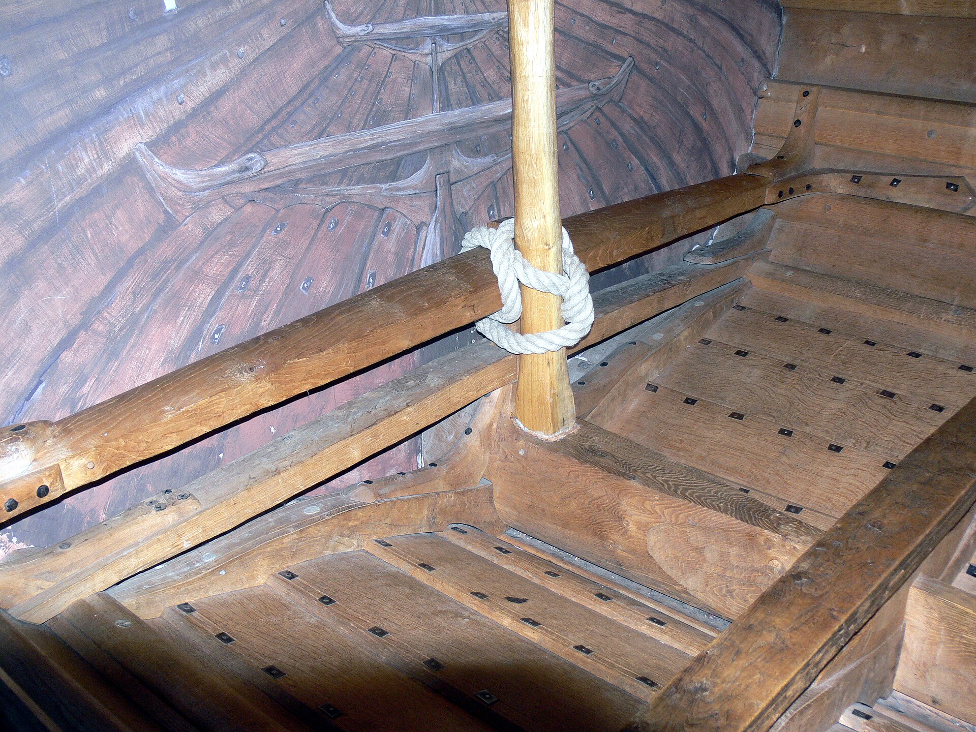 Detail of wooden joinery inside a replica Viking ship in York, England