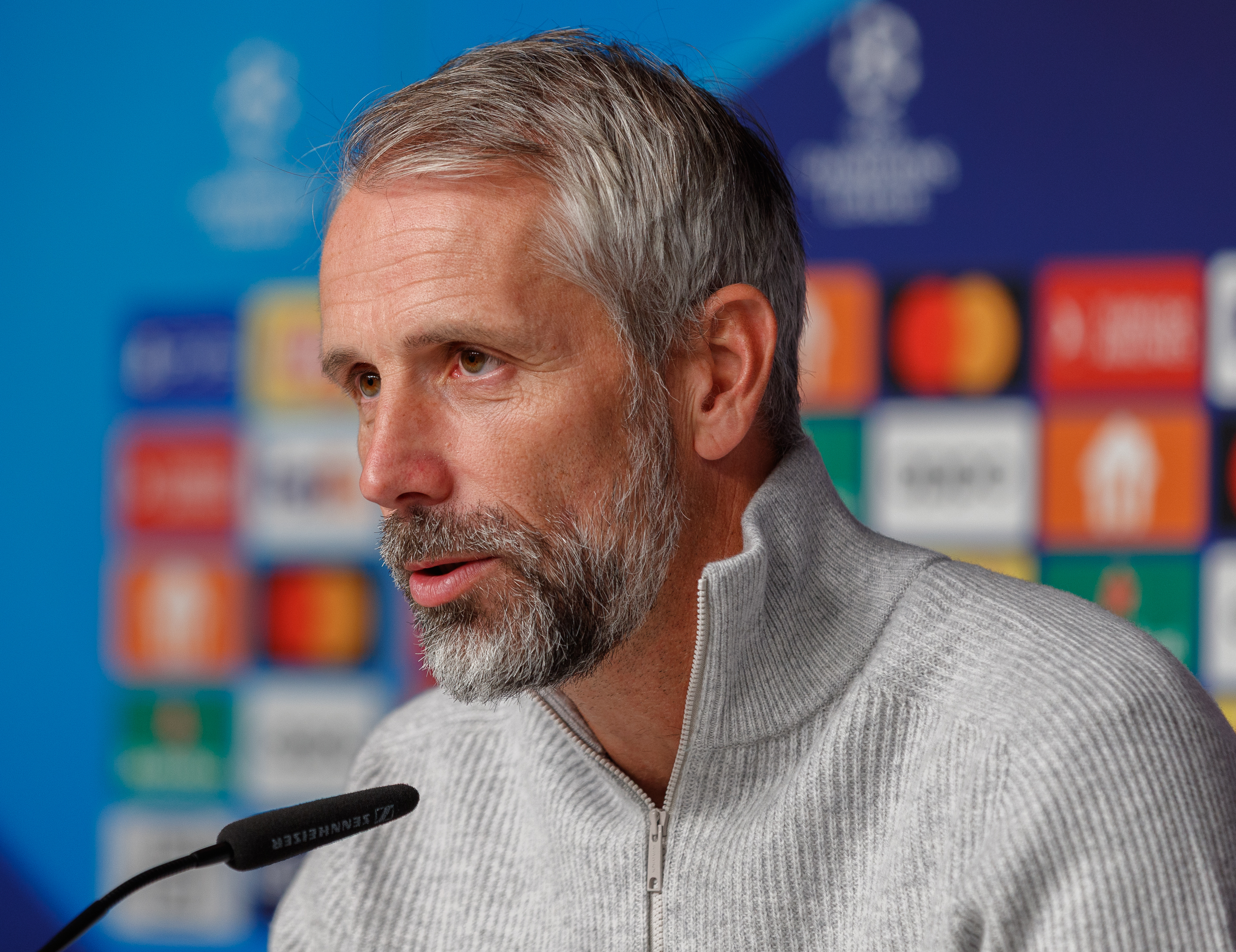 Bournemouth manager Marco Rose at a press-conference microphone — 2023 file photo