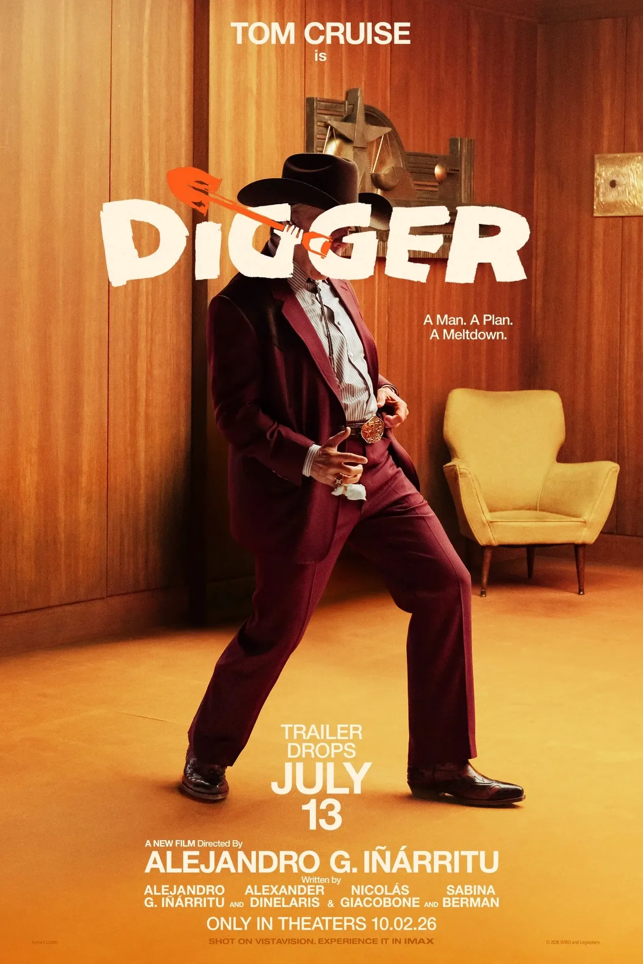 Teaser poster for Digger: Tom Cruise in a burgundy suit and cowboy hat, with the tagline A Man. A Plan. A Meltdown.