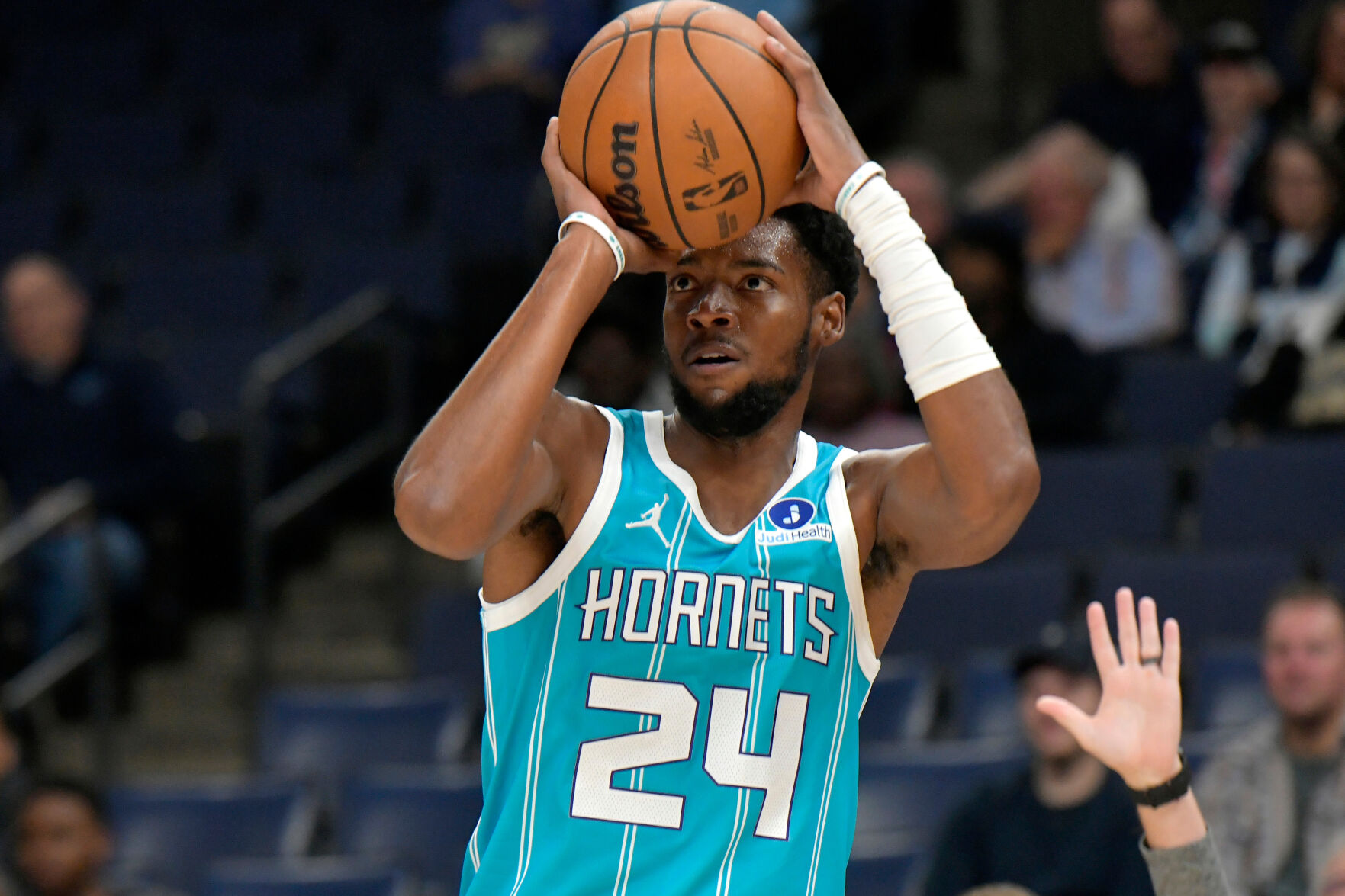Charlotte Hornets forward Brandon Miller looks to shoot during a preseason game against the Memphis Grizzlies on October 16, 2026
