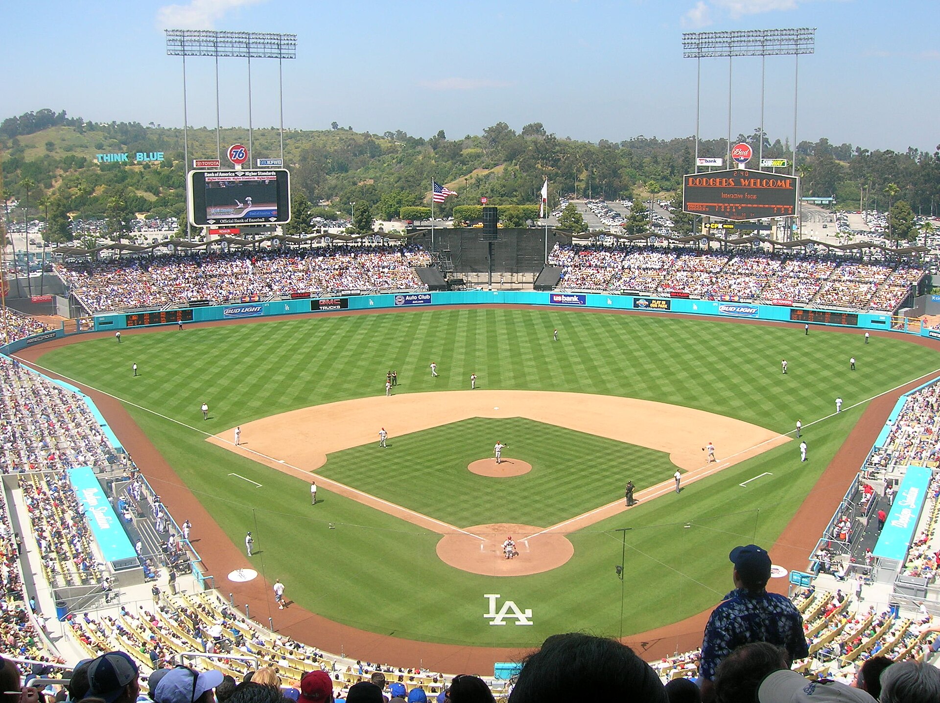 Dodger Stadium from the outfield during the day.