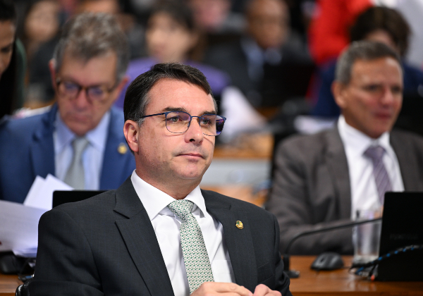 Senator Flávio Bolsonaro speaking at a Brazilian Senate committee session