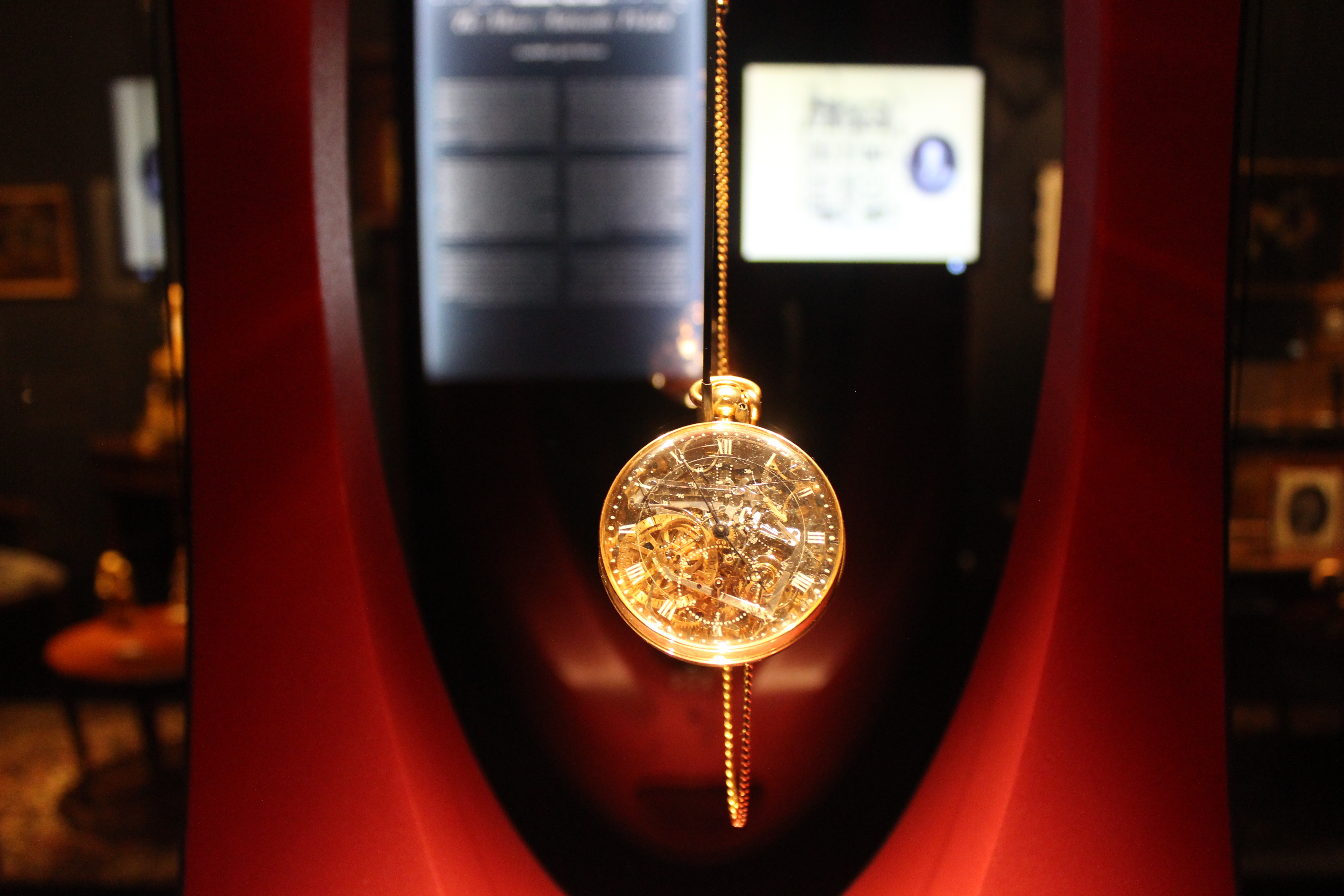 Breguet No. 160 hanging on its chain in the red display of the L.A. Mayer Institute, Jerusalem.