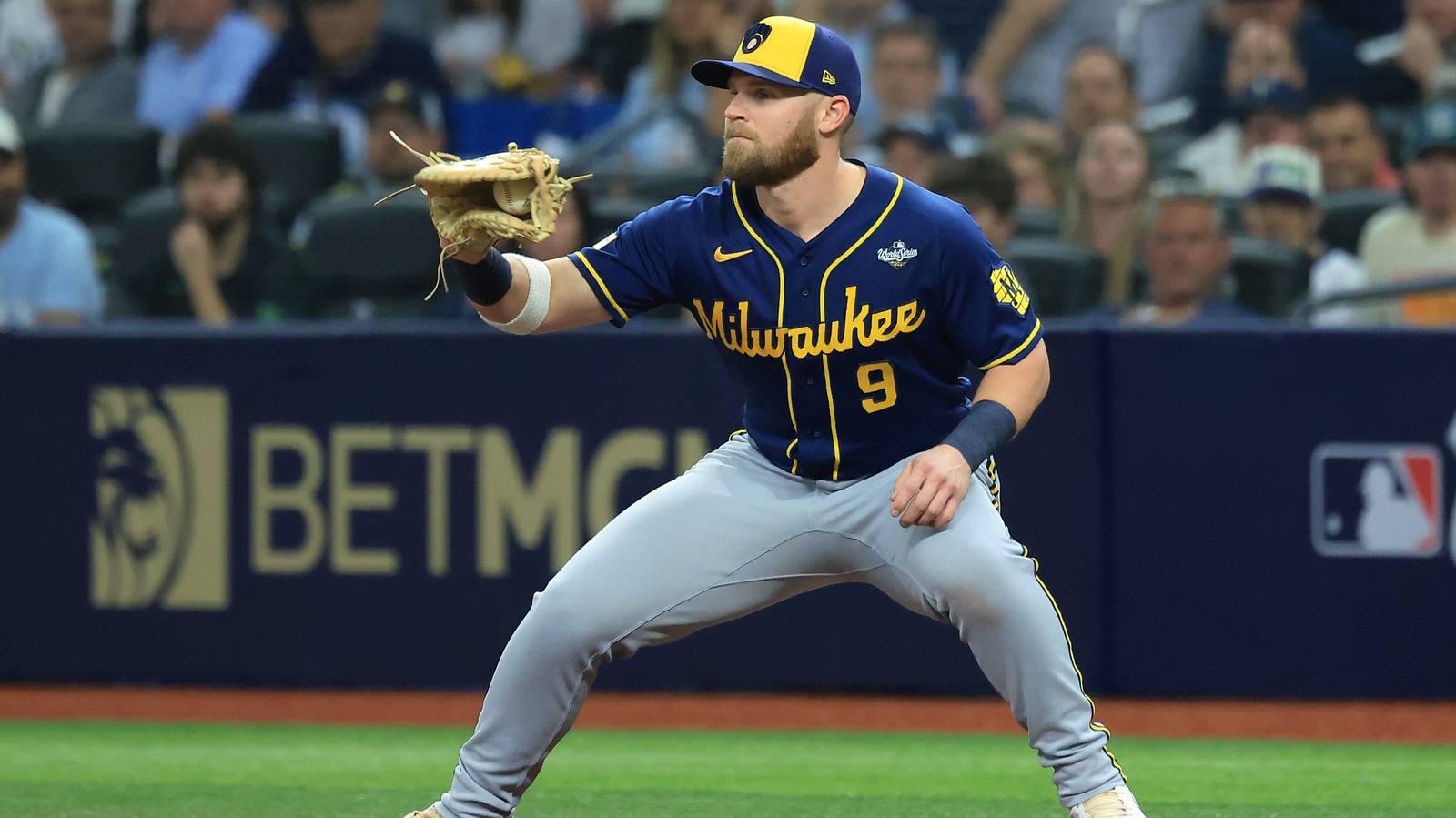 Jake Bauers of the Milwaukee Brewers fields at first base during the 2026 World Series