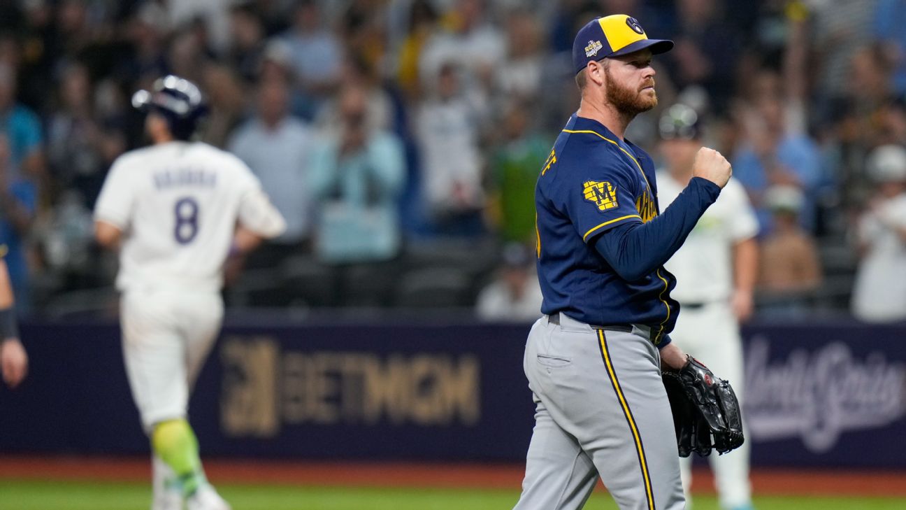 Milwaukee Brewers pitcher Brandon Woodruff pumps his fist on the mound at Tropicana Field during World Series Game 4 against the Tampa Bay Rays in St. Petersburg, Florida, on October 27, 2026