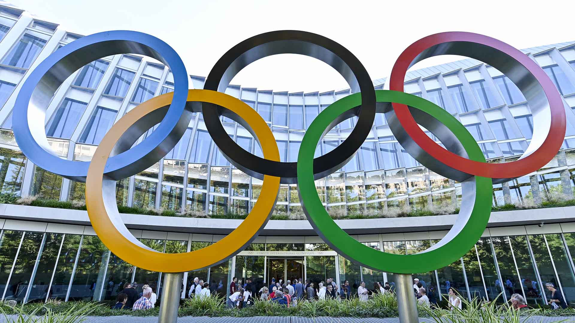 The Olympic rings sculpture on display outside the International Olympic Committee headquarters in Lausanne.