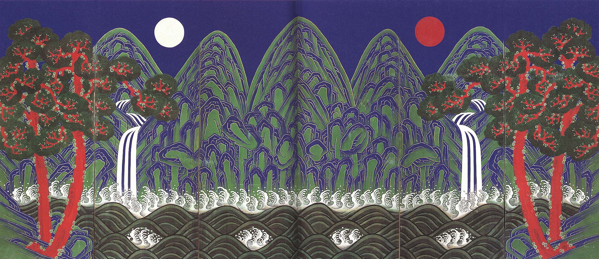 A Joseon-dynasty Sun, Moon and Five Peaks folding screen painting in the style of the royal throne screen