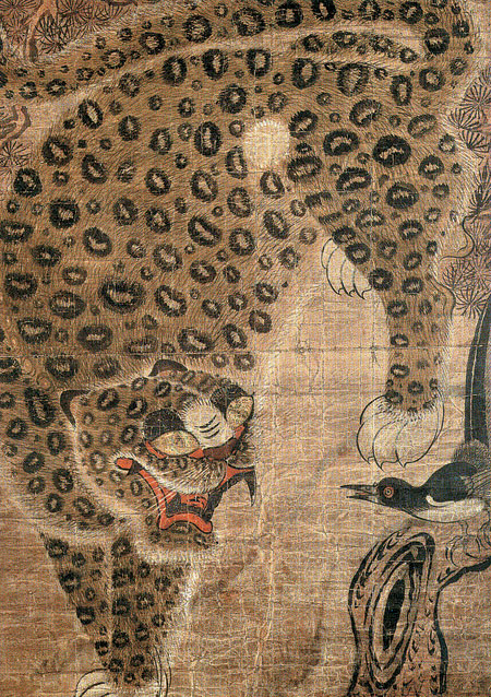 A 19th-century Korean folk painting of a leopard-spotted tiger and a magpie on a pine branch