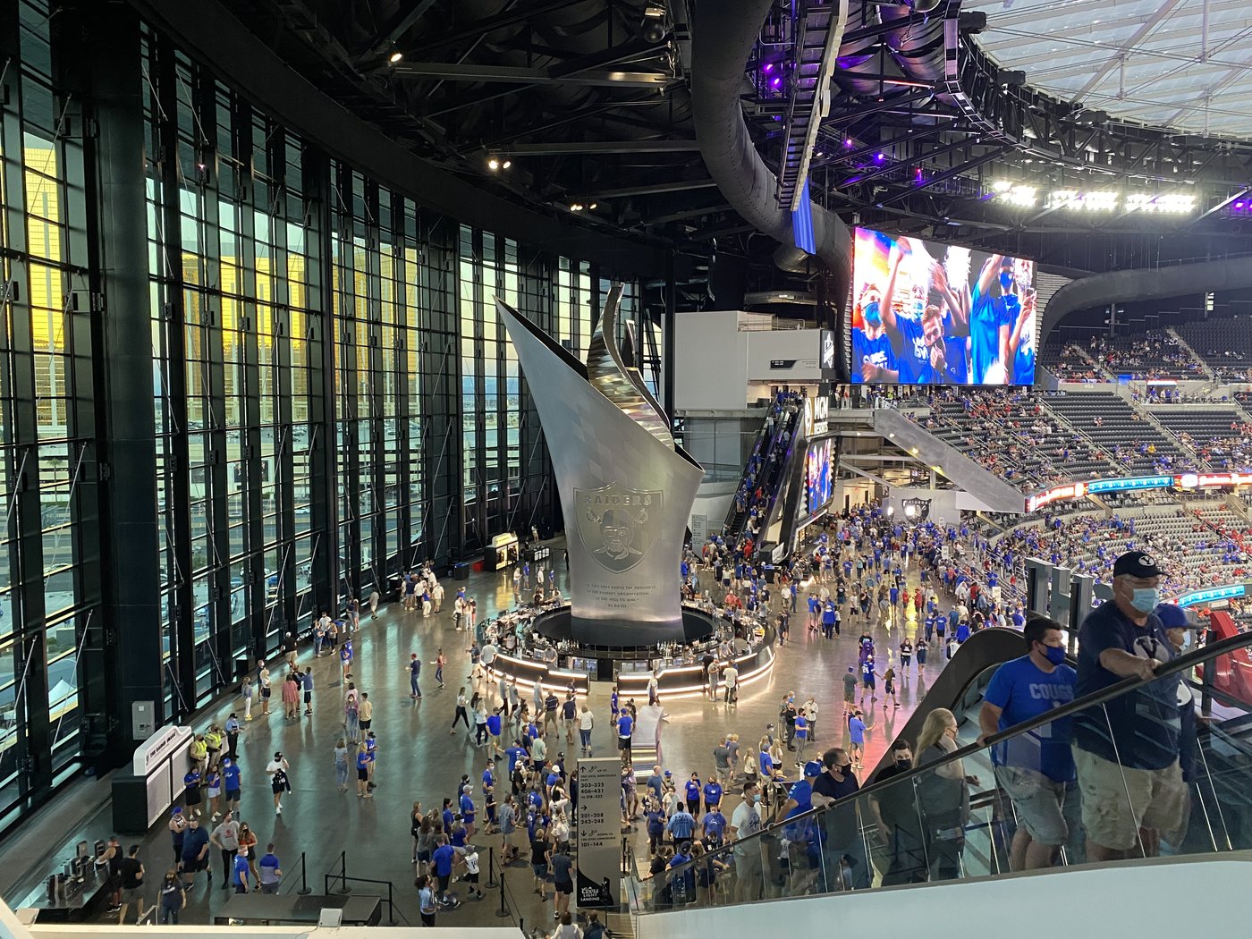 Inside Allegiant Stadium in Las Vegas during the 2021 Vegas Kickoff Classic, with the Raiders monument in the concourse